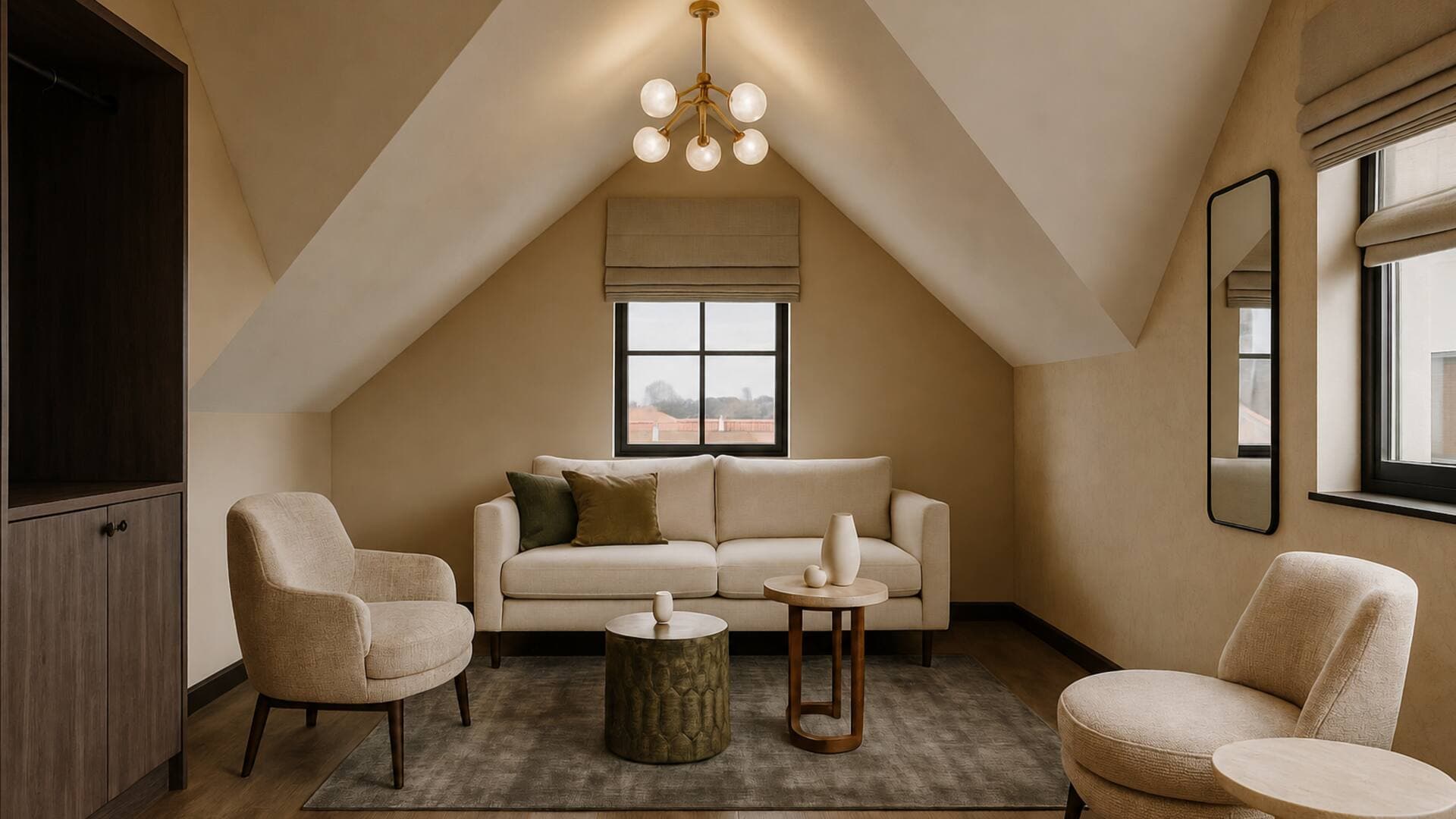 A bright lounge corner in a Hotel Satori room with soft daylight